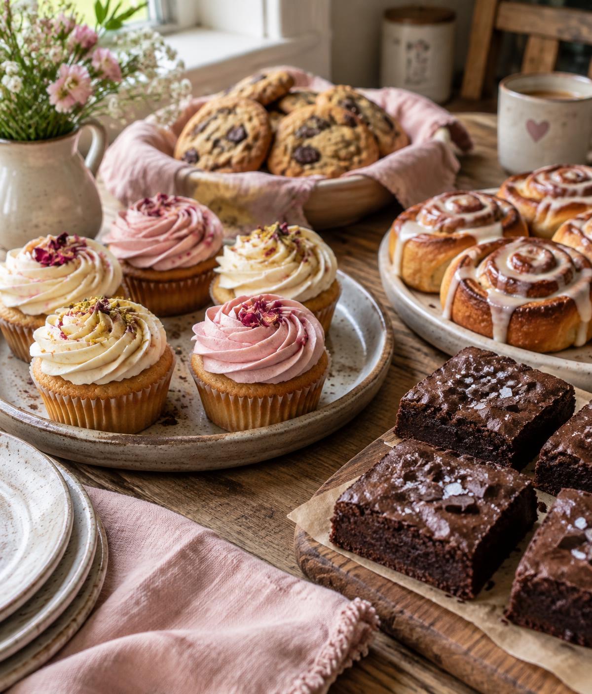 A tray of homemade cupcakes, brownies, cinnamon buns and cookies